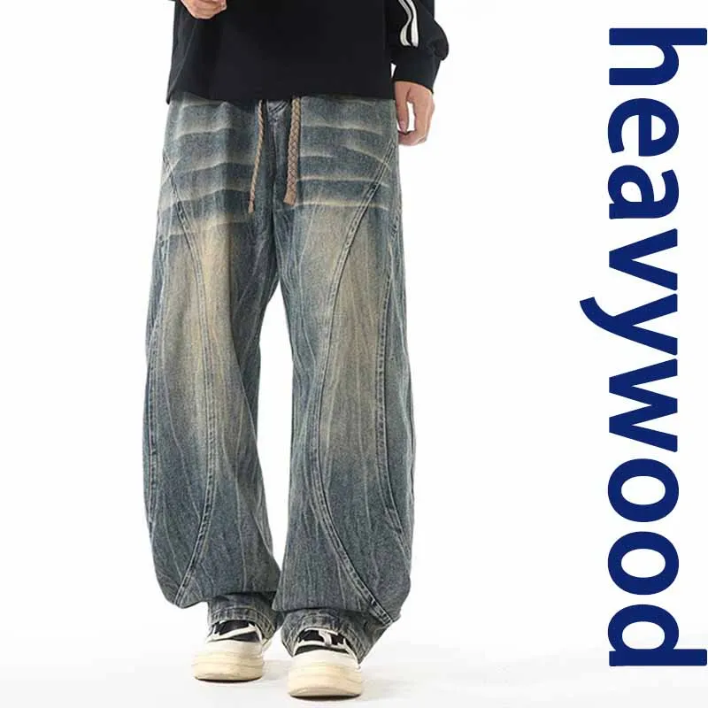 

2025 Spring New Men's Jeans Oversized Wide Leg Pants Loose Vintage Patchwork Lightning Cracked Denim Trousers Streetwear Male