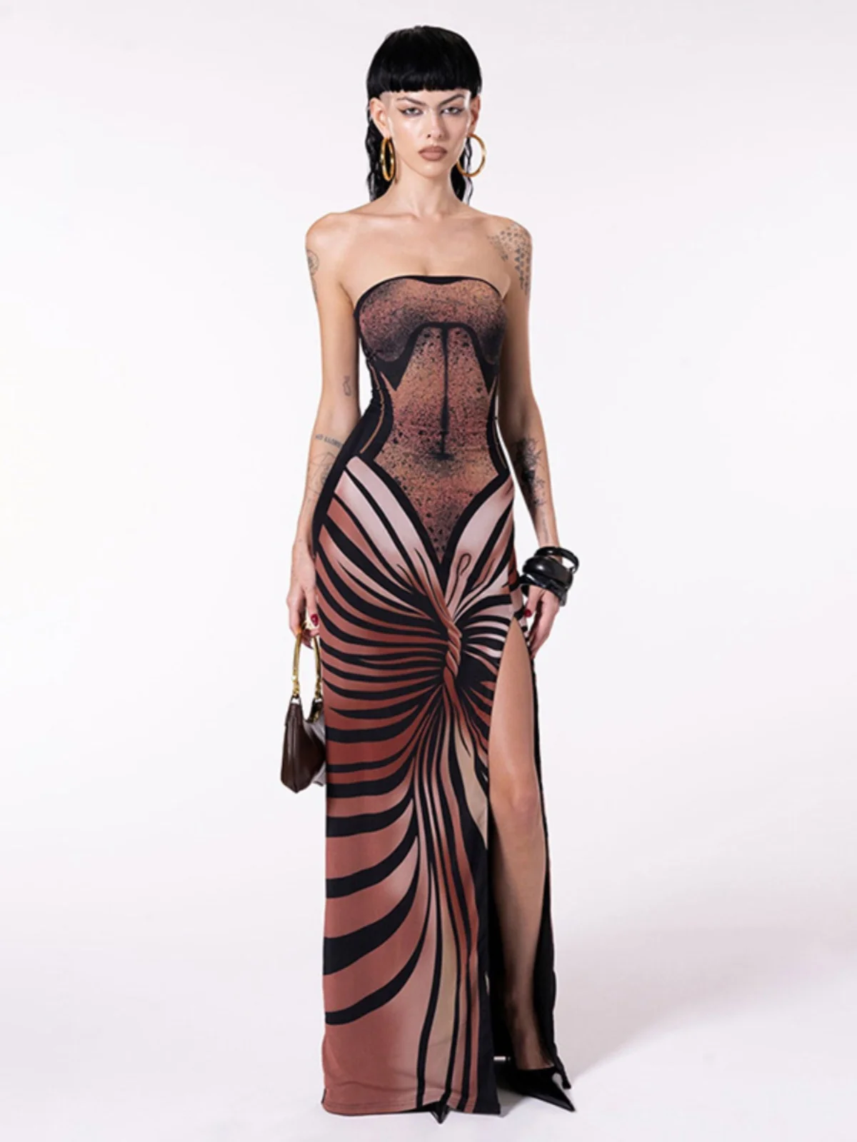 

Fashion Printed Sexy Slimming Strapless Dress for Women Streetwear Trend Cinched Waist High Slit Long Dresses Female Clothing、