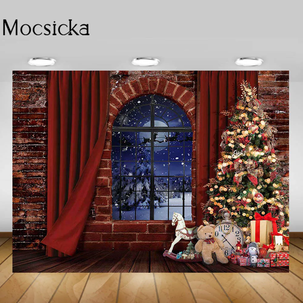 

Mocsicka Brick Wall Window Snow Christmas Backdrop Red Curtain Xmas Tree Wooden Floor Baby Child Portrait Photography Background