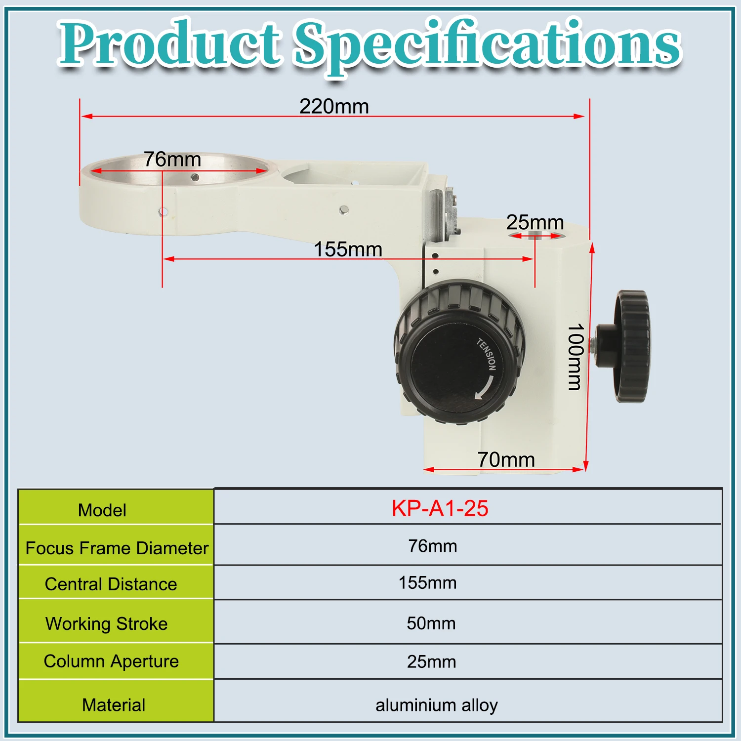 KOPPACE Microscope Focusing Bracket Central Distance 155mm Column aperture 25mm Lens frame diameter 76mm