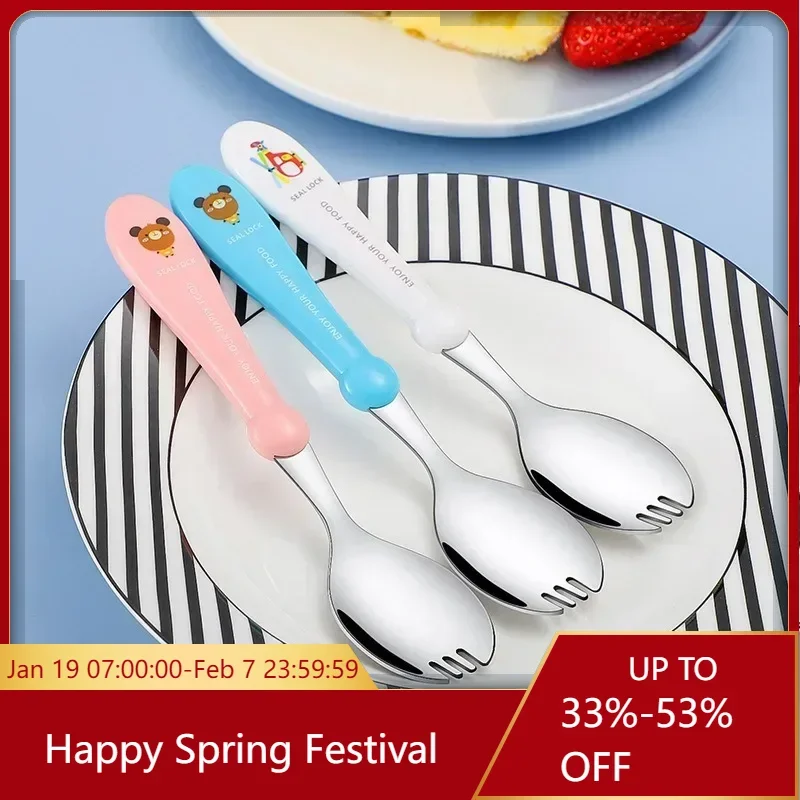 Spoon Fork Two in One Tableware for Baby 304 Stainless Steel Large Capacity Cute Children's Spoon Fork with Dust Dirt Proof Box