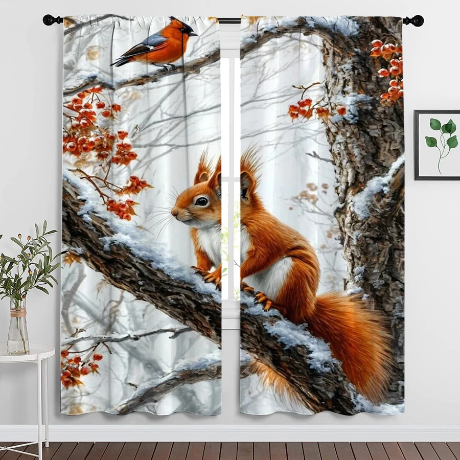 2PCS Christmas Winter Curtains, Squirrel Bird Branch, Digital Print, Bedroom Living Room, Rod Pocket, Polyester, Home Decor