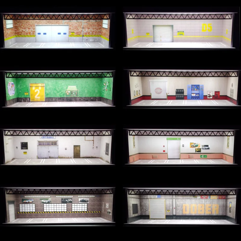 Alloy Car 1/64 Scale DIY Parking Space with Lights USB House Garage Model Plastic Miniature Diorama Assembly Kit Collection Toy