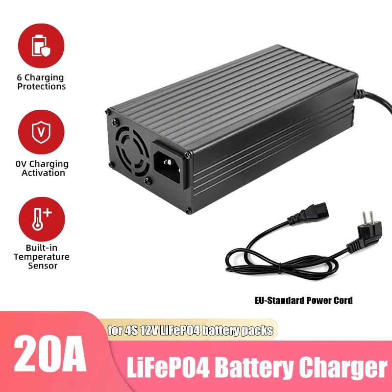 14.6V 20A LiFePO4 Charger with XT60/Anderson/Alligator Clips for RV, Marine, DIY Portable Power Station, Off-Grid Solar Battery