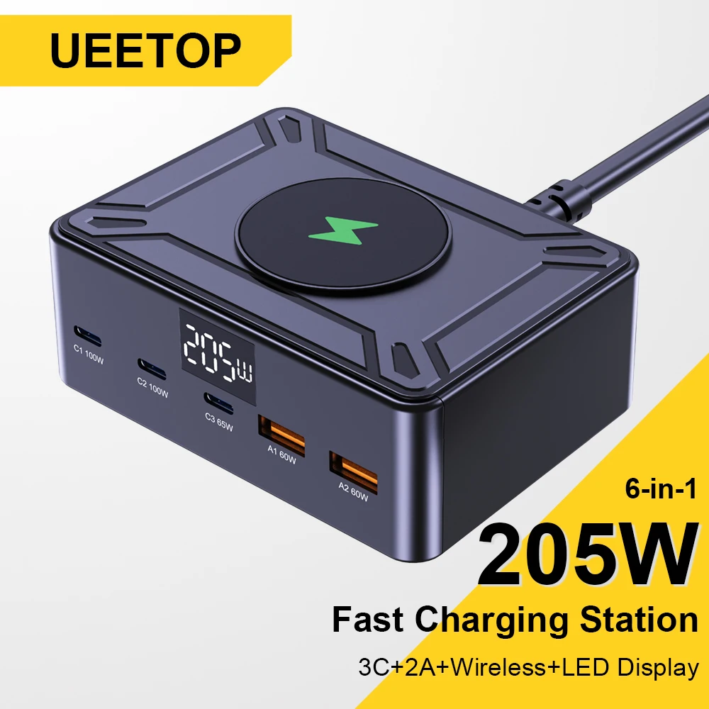 Ueetop 205W GaN Ładowarka Cyfrowy wyświetlacz Ładowarka biurkowa USB typu C PD 100W PPS 45W QC4.0 Szybkie ładowanie do laptopa Tablet Telefon