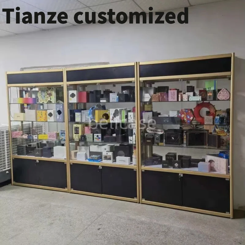 Customized-smoke shop display cabinet with LED lights aluminum frame display lockable showcases glass display retail store