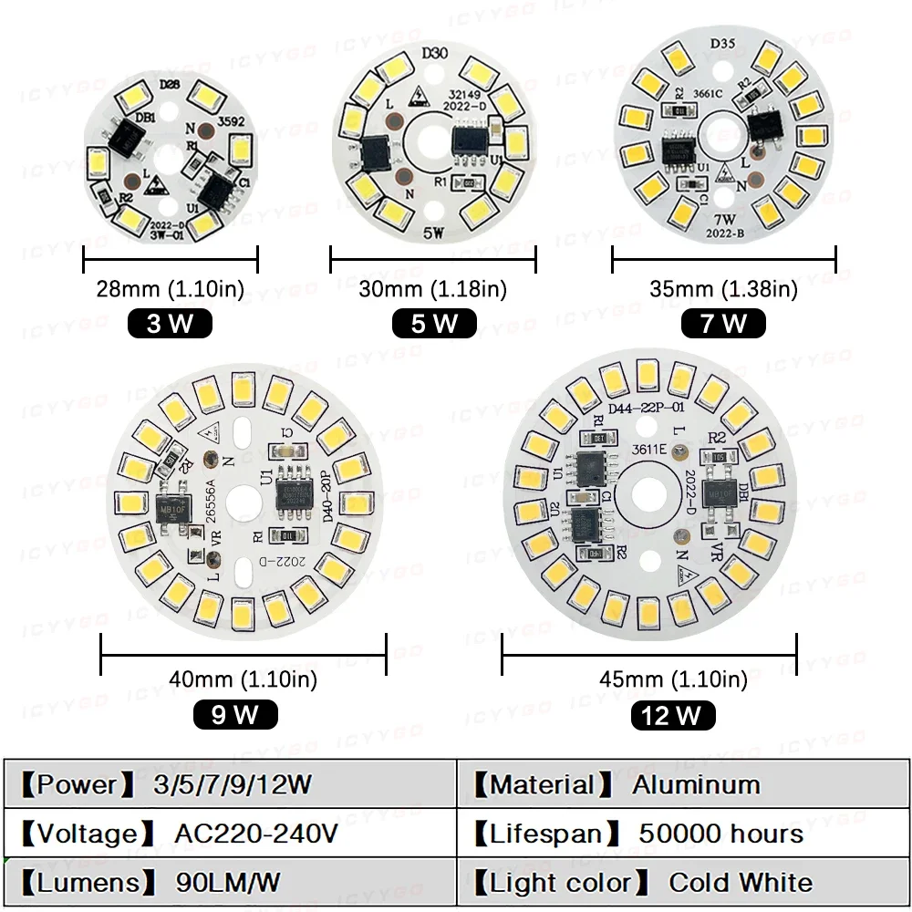 Lampu sorot LED, 10 Buah Chip bohlam LED bebas pengemudi 18W 15W 12W 9W 7W 5W 3W SMD 2835 manik lampu bulat AC 220V