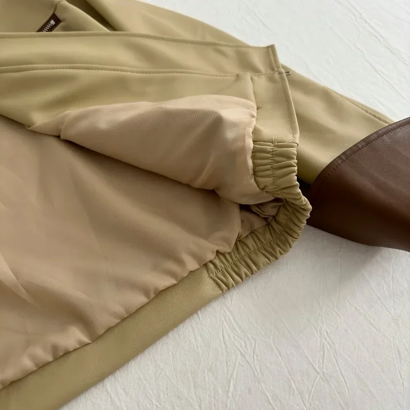 Blouson en cuir PU pour femme, col rabattu, manches longues, fermeture éclair, design patchwork, automne, nouveau, 2024