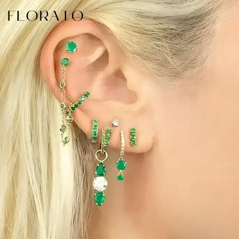 Florato 925 Sterling Silver Ear Needle Turquoise gold Series Hoop Drop Earrings For Women Vintage green Zircong fashion earrings