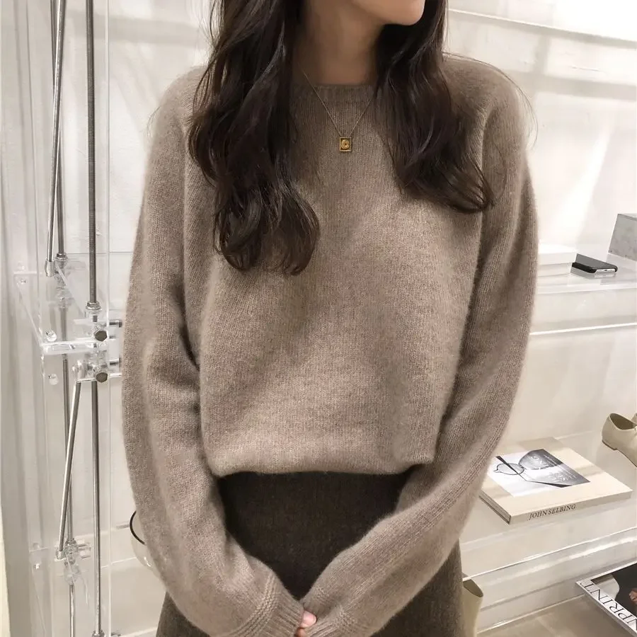 

Fall Winter Thicken Warm Cashmere Sweater Women Harajuku Loose Basic O Neck Pullovers Solid Simple All Match Knitwear Jumpers