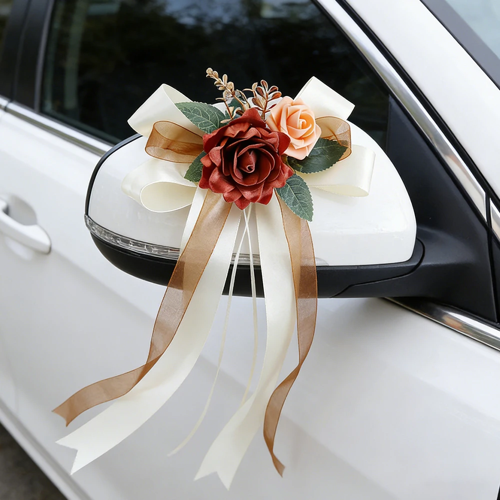 Hochzeitsauto-Dekoration Weiße Rosen-Schleife, Künstliche Blumen Autotür-Griffband Ornament für Brautfahrzeug Party-Dekor – Detail 6