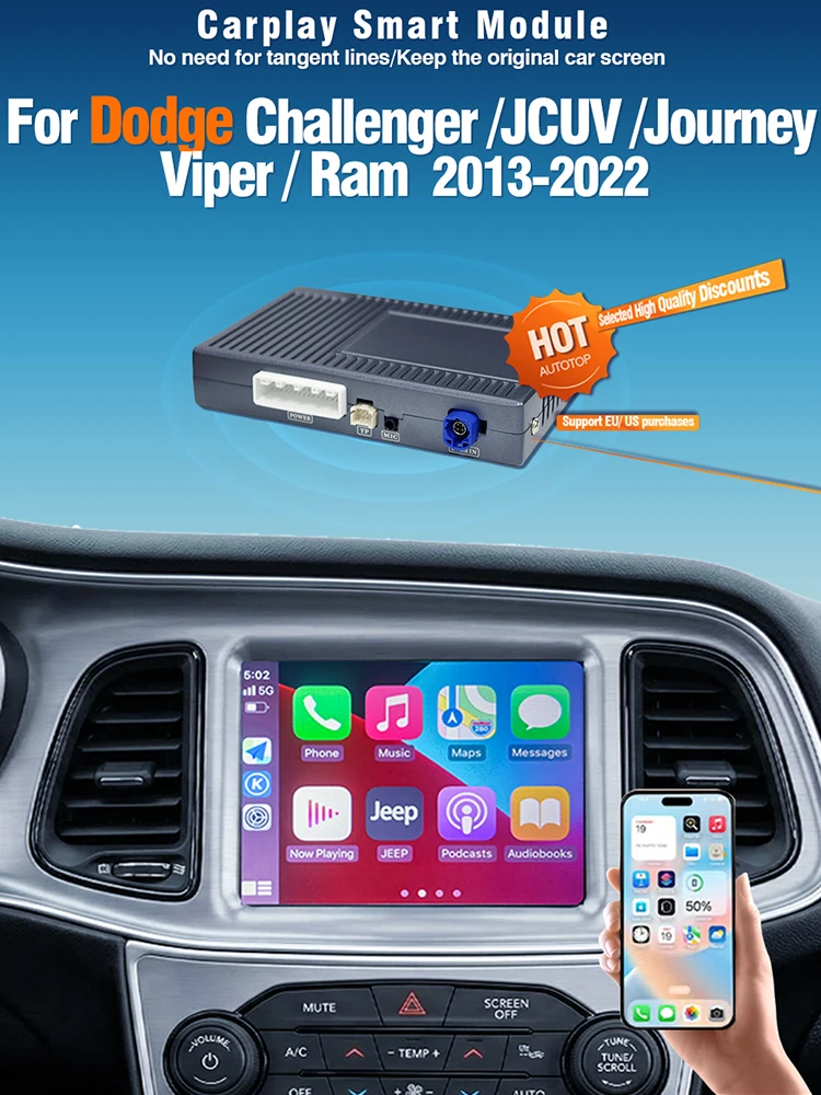 AUTOTOP Bezprzewodowy Dekoder CarPlay Android Auto do Jeep Grand Cherokee Compass Chrysler 300c Dodge Challenger Ram Journey z Systemem Uconnect 2013-19, Interfejs Wideo, Moduł Modernizacyjny, — 2