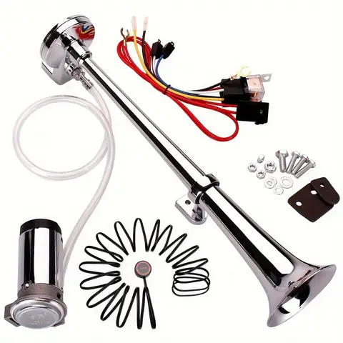 ALLREY 12V Air Horn Kit, Super Loud 18 Inches Single Trumpet Truck Horn, Train Horn with Compressor for Any 12V Vehicles