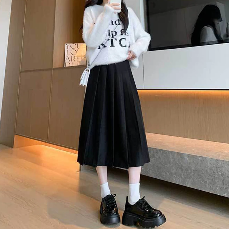 Preppy Style High Waist Pleated Skirt Women Autumn Winter Woolen A Line Long Skirts Woman Korean Solid Color Midi Skirt Female