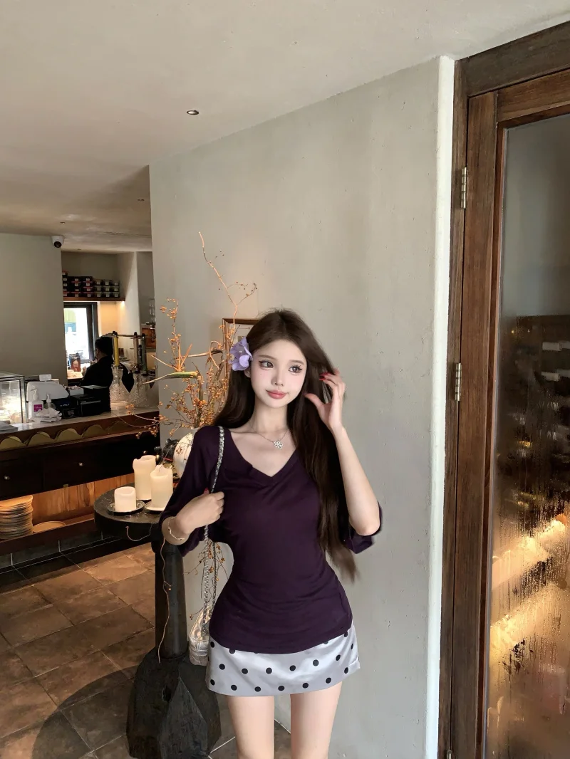 

Kumikumi Pure Desire Summer Outfit Women's Short Sleeve T-Shirt And Polka Dot Skirt Two-Piece Set Simple Waist-Cinching ...