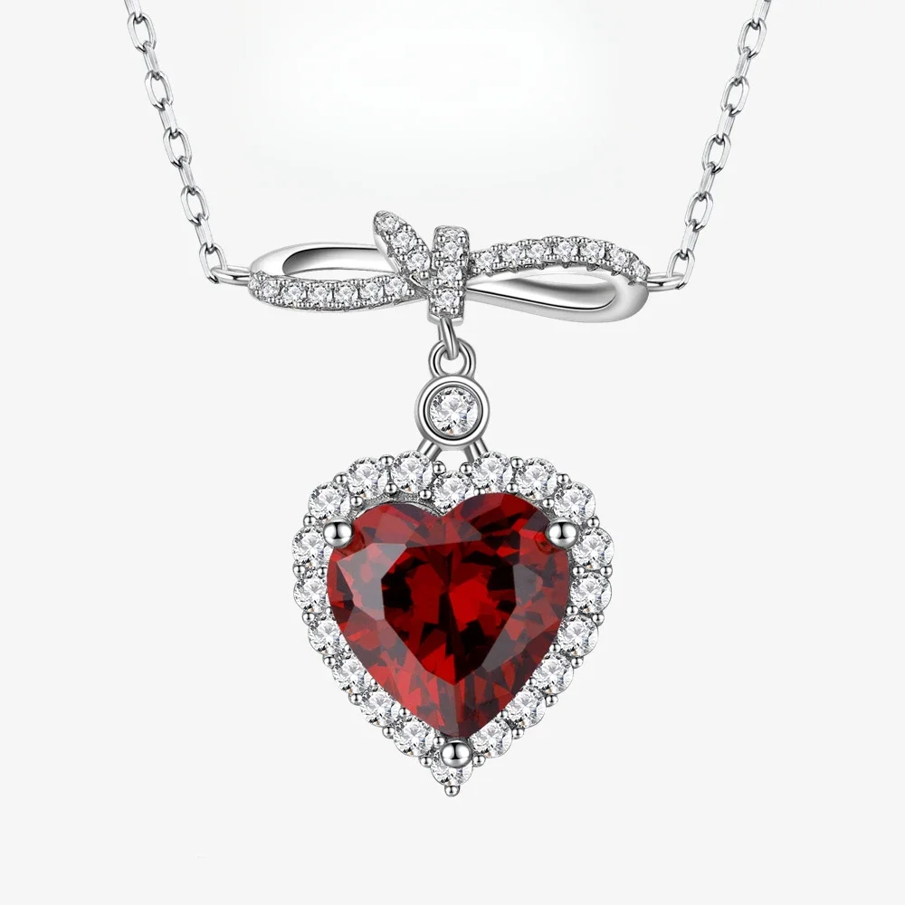 ZCD 10 * 10mm Pigeon Blood Red Heart Shaped Bow Pendant 925 Pure Silver Necklace for Cross Border Women in Europe and America