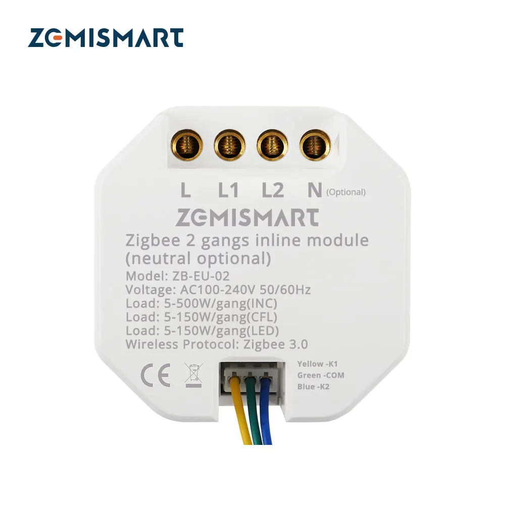 Zemismart Zigbee Mini Switch 2 Gangs 2 Way Inline Module Memory Function Work with Tuya Alexa Google Home Control