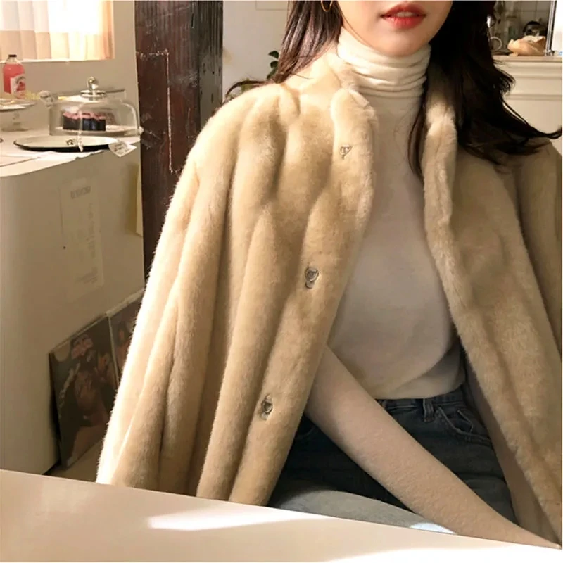 New Imitation Mink Fur Coat Women's Long Plush Stand Collar Faux Mink Fur Korean Loose Outwear Autumn And Winter Female Top