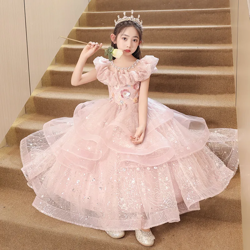 Flower Girl Dresses Pink Tulle Puffy sequin flower Pattern Appliques With pearl For Weding Birthday Banquet Princess Gowns