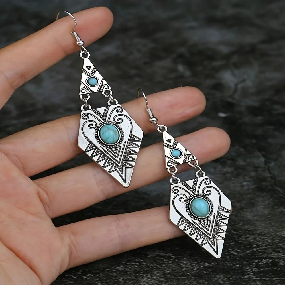 Vintage Bohemian Creative Geometric Rhombus Synthetic Turquoise Handmade Earrings, Alloy Female Wedding Couple Holiday Jewelry