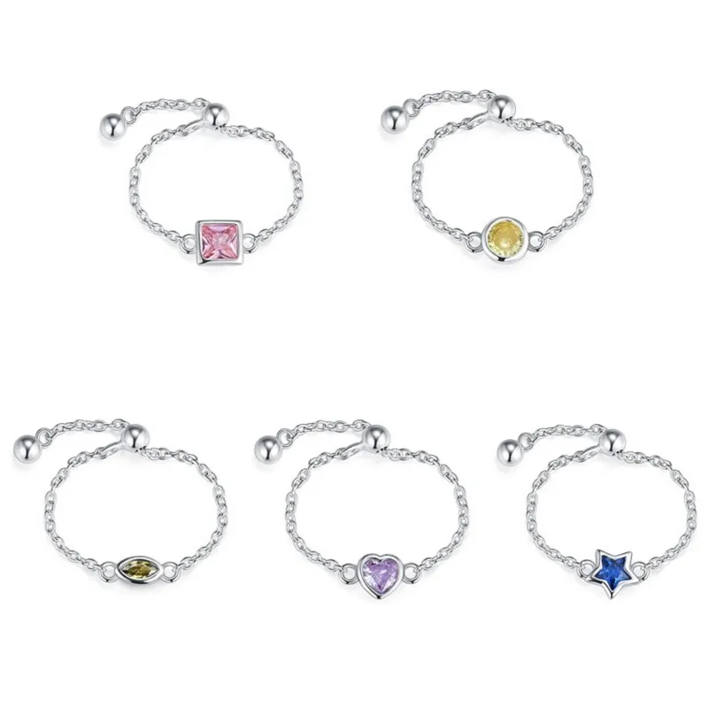 Silver Color Pulling Heart Star Colored Zircon Chain Ring for Women Tiny Simple Fashion Charm Wedding Rings Jewelry