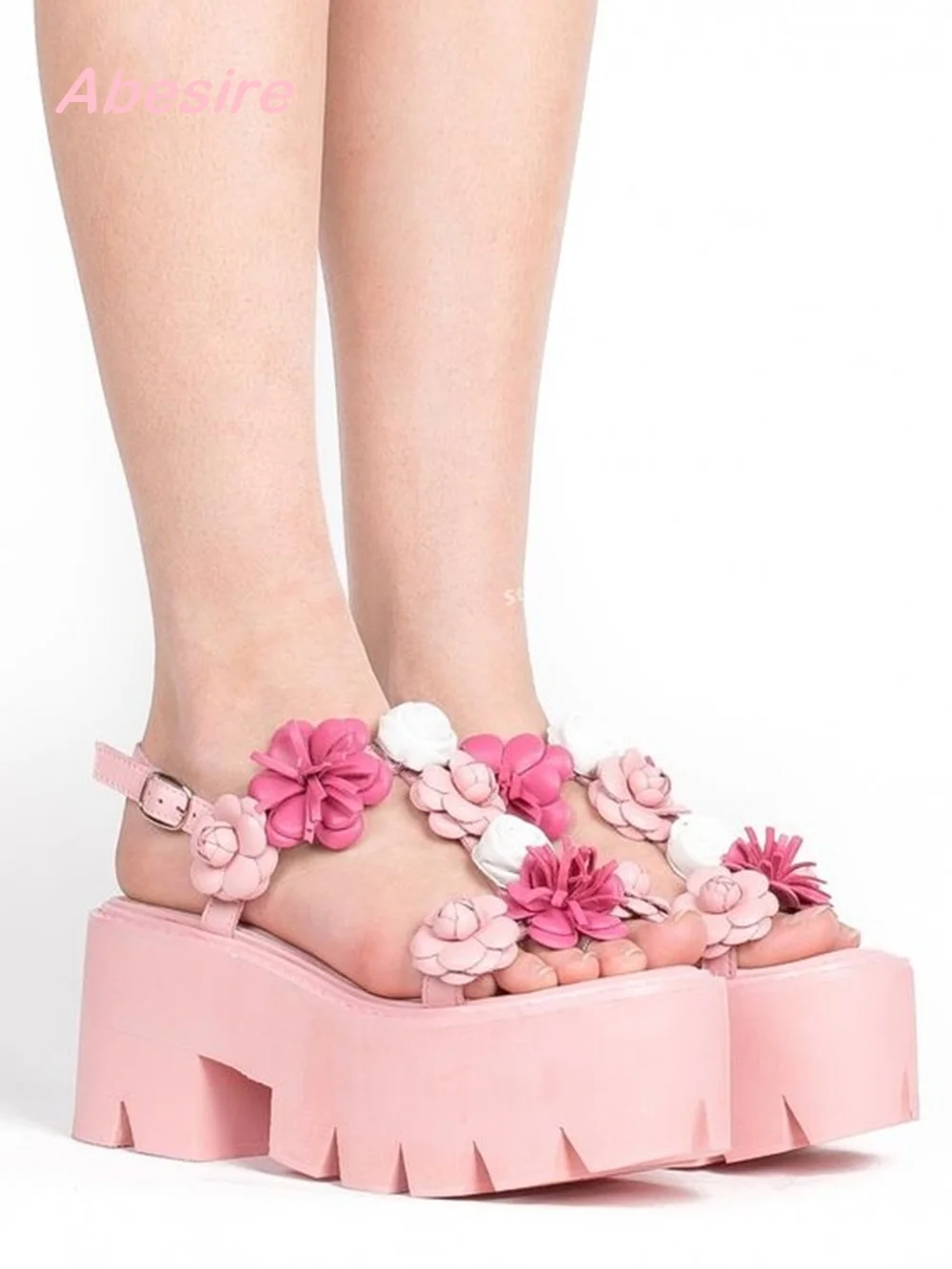 Women's Sandals Pink Roses Flowers Floral T-Straps Slingback Platforms Fancy Sandals Shoes Chunky Heels Party Shoes Luxury Sexy