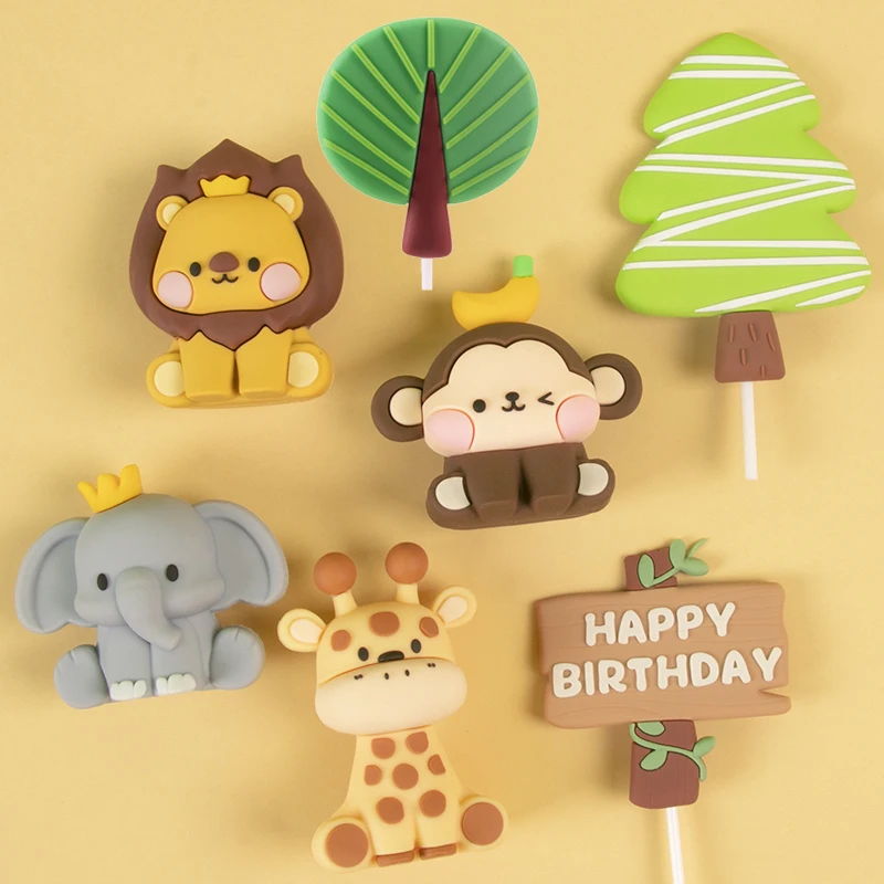 

Jungle Animal Giraffe Lion Elephant Monkey Cartoon Cake Toppers Forest Jungle Safari Cupcake Decoration First 1st Birthday Party