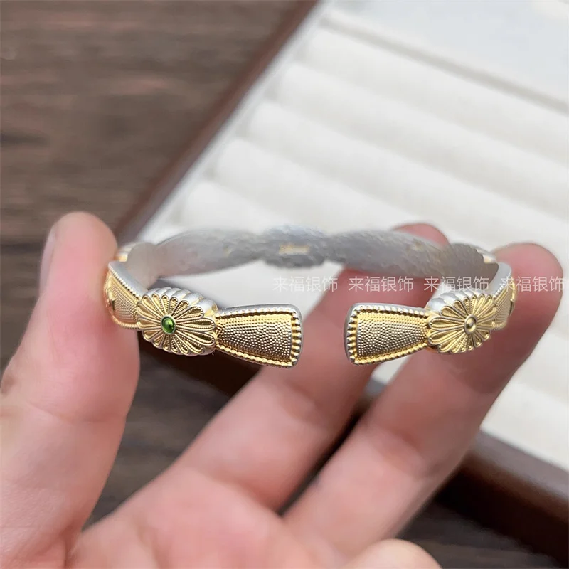 New Product: 9999 Ancient French Enamel Lotus Bracelet, Women's New Chinese Style Open Bracelet, Gift for Girlfriend