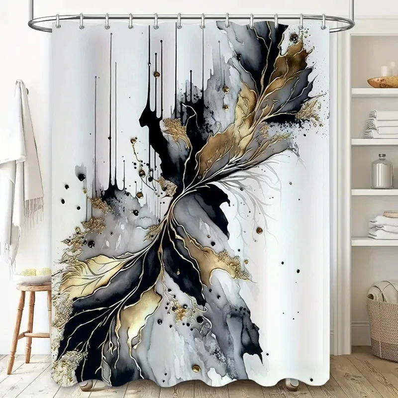 

ZHL22Золотая занавеска для душа Moonlit Forest, черное золото, геометрический дизайн для декора ванной комнаты2О%