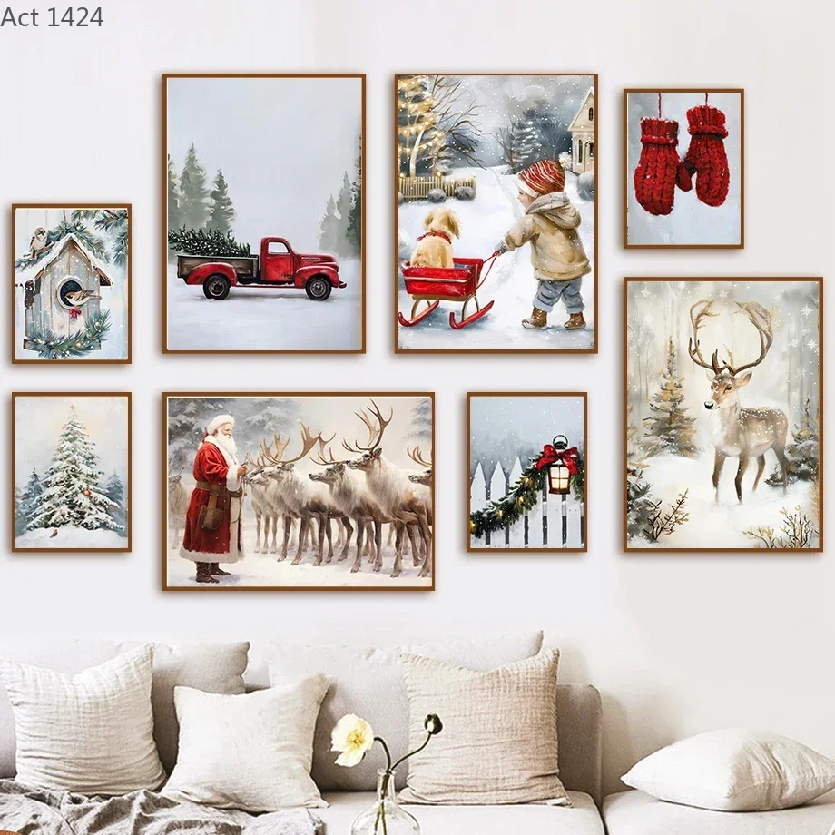 Christmas Tree Santa Claus Reindeer Art Print Christmas Decor Gift Wall Art Canvas Painting Nordic Poster Home Living Room De