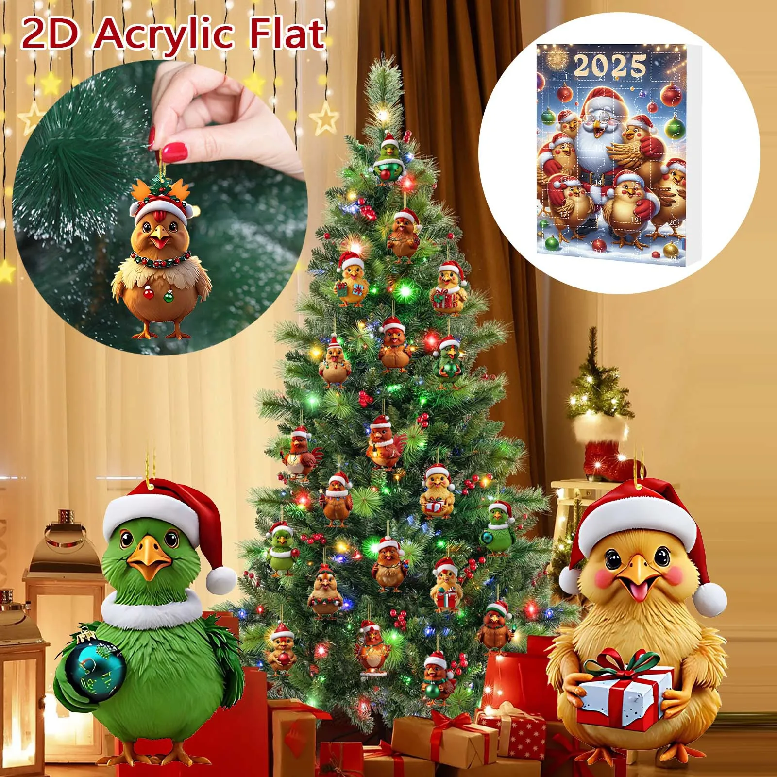 2025 Christmas Countdown Calendar Blind Box Chicken Acrylic Hanging Ornaments Christmas Tree Decoration Festive Party Supplies