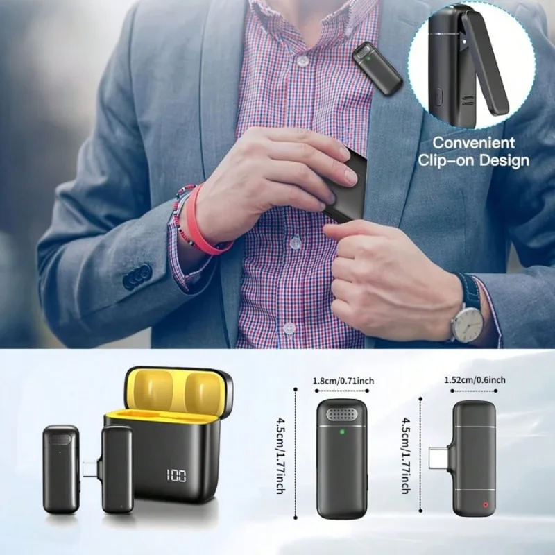 Microfono Lavalier Wireless con Vano di Ricarica Digitale e Cancellazione Intelligente del Rumore per Android e iPhone 15 16 17