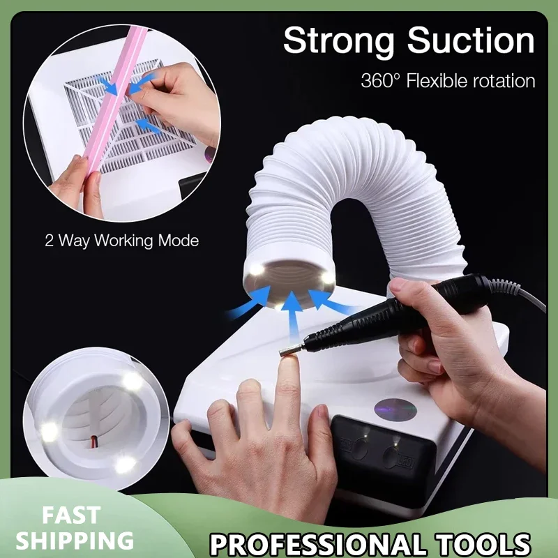 

60W Nail Dust Collector Double Use Retractable Elbow Design Nail Dust Extractor Fan with Tube - Nail Vacuum Cleaner