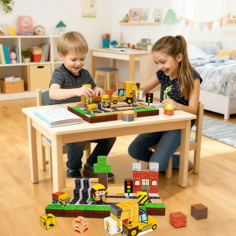 Kids Mini Magnetic Building Blocks Set with Road And Car STEM Educational Toys Boy Girls Christmas  Sensory Travel Gifts