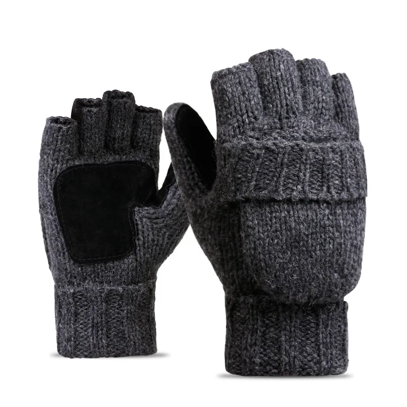 Winter Wool Warm Half Finger Flip Gloves Mittens Unisex Double Layer Outdoor Cold and Windproof Knitted Warm Gloves