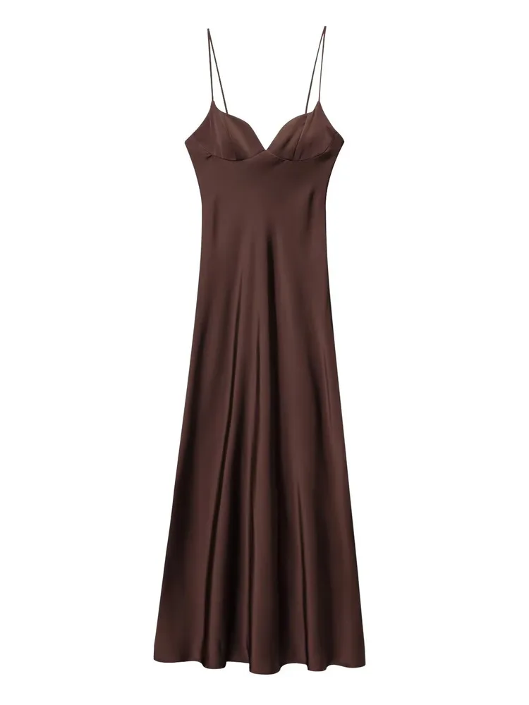 Nowa damska sukienka Za, wyszczuplająca, seksowna, długa, satynowa, z wysokim stanem, elegancka, z dekoltem w serek, idealna do pracy, na sezon letni.