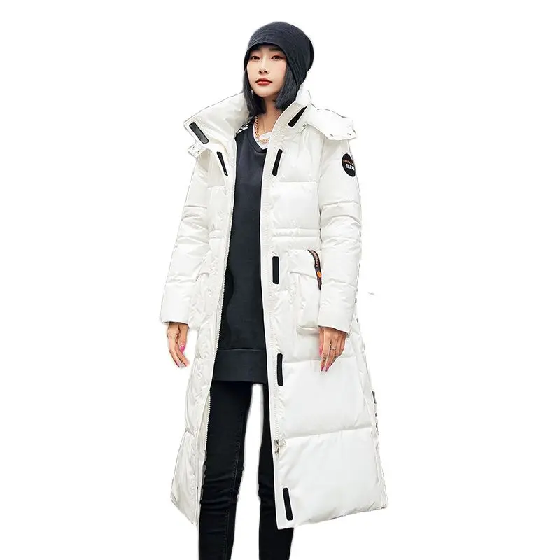 Fashion washless hooded down  women's long waist in winter 2023 high-end temperament warm white duck down  women.