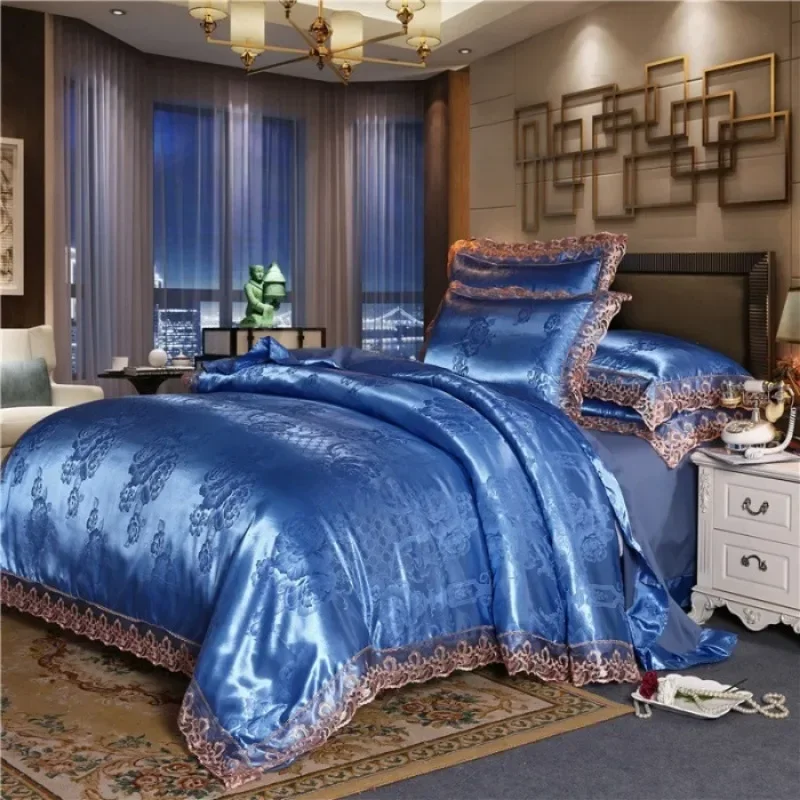 Imagem -04 - Nordic King Size Conjunto de Cama Luxo Rendas Cetim Jacquard Capa Edredão Conjunto Roupa Cama Rainha Consolador Qualidade Superior para Adultos 220x240