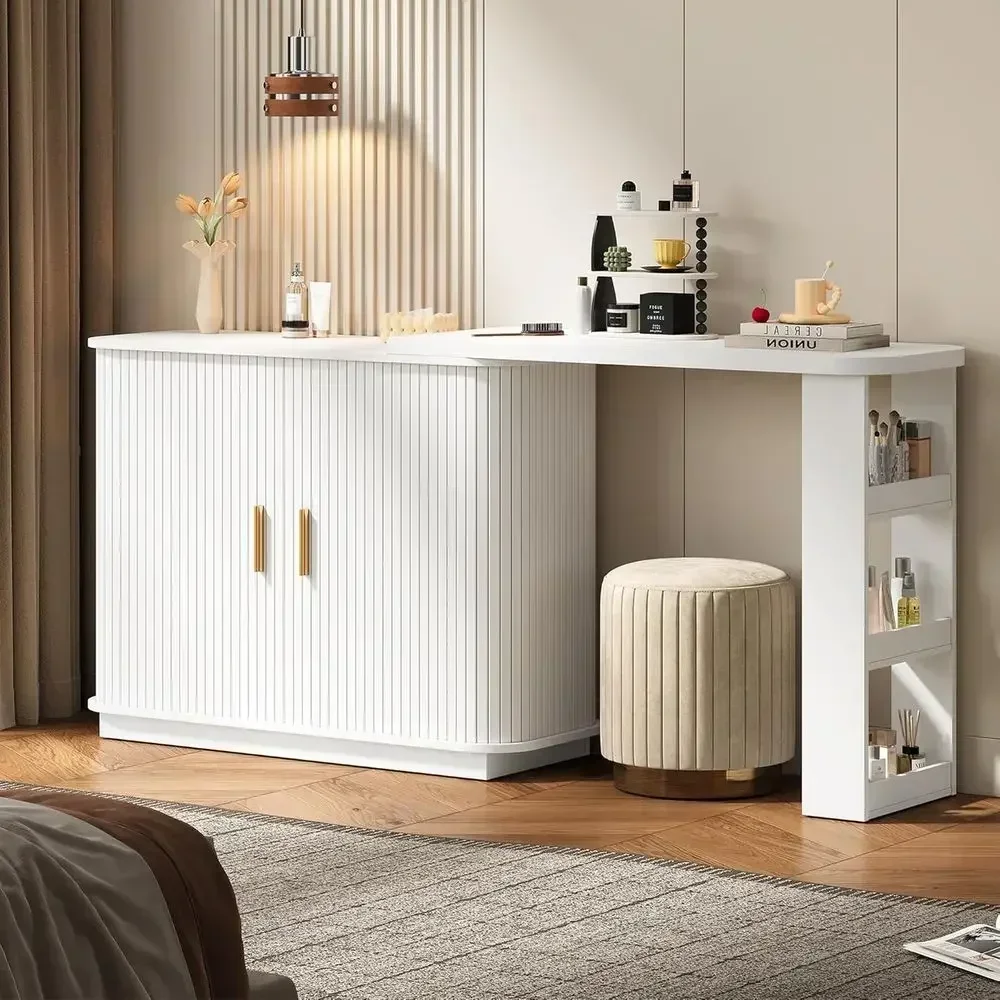 68 L-Shaped Vanity Desk with Folding Door, White Curved Makeup Table for Bedroom or Wood Dressing Area