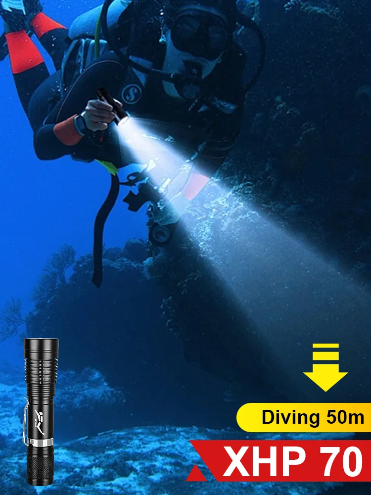 Diving Flashlight Led XHP70 Powerful Diving Lantern IP68 Professional Diving Flashlights Depth 50M Underwater Lamp with Click