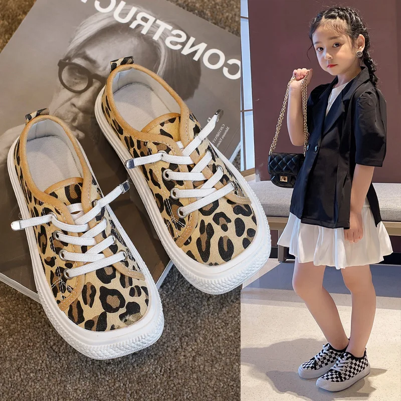 Unisex Children Casual Shoes Fashion Student Canvas Shoes for Girls Sneakers Kids Sport Shoes Orange Black Green Leopard grain