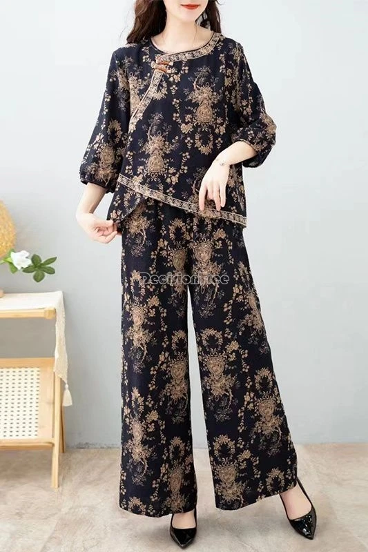 

2025 new chinese retro casual style women two-piece tang suit set cotton and linen printed summer blouse top and wide-leg pants
