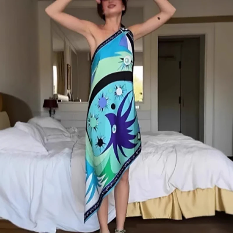 ฤดูร้อนสบายๆ Holiday Beach Dress ผู้หญิงฤดูใบไม้ผลิรูปแบบพิมพ์ซาตินชุดวินเทจเซ็กซี่ไหล่เอียง Hollow ชุดไม่สม่ําเสมอ