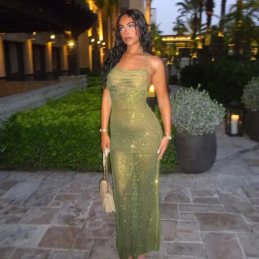 

STYLISH LADY Halter Open Back Ruched Mesh Maxi Dress 2026 Summer Women Sleeveless Mesh Sheer Bodycon Sexy Club Party Dresses