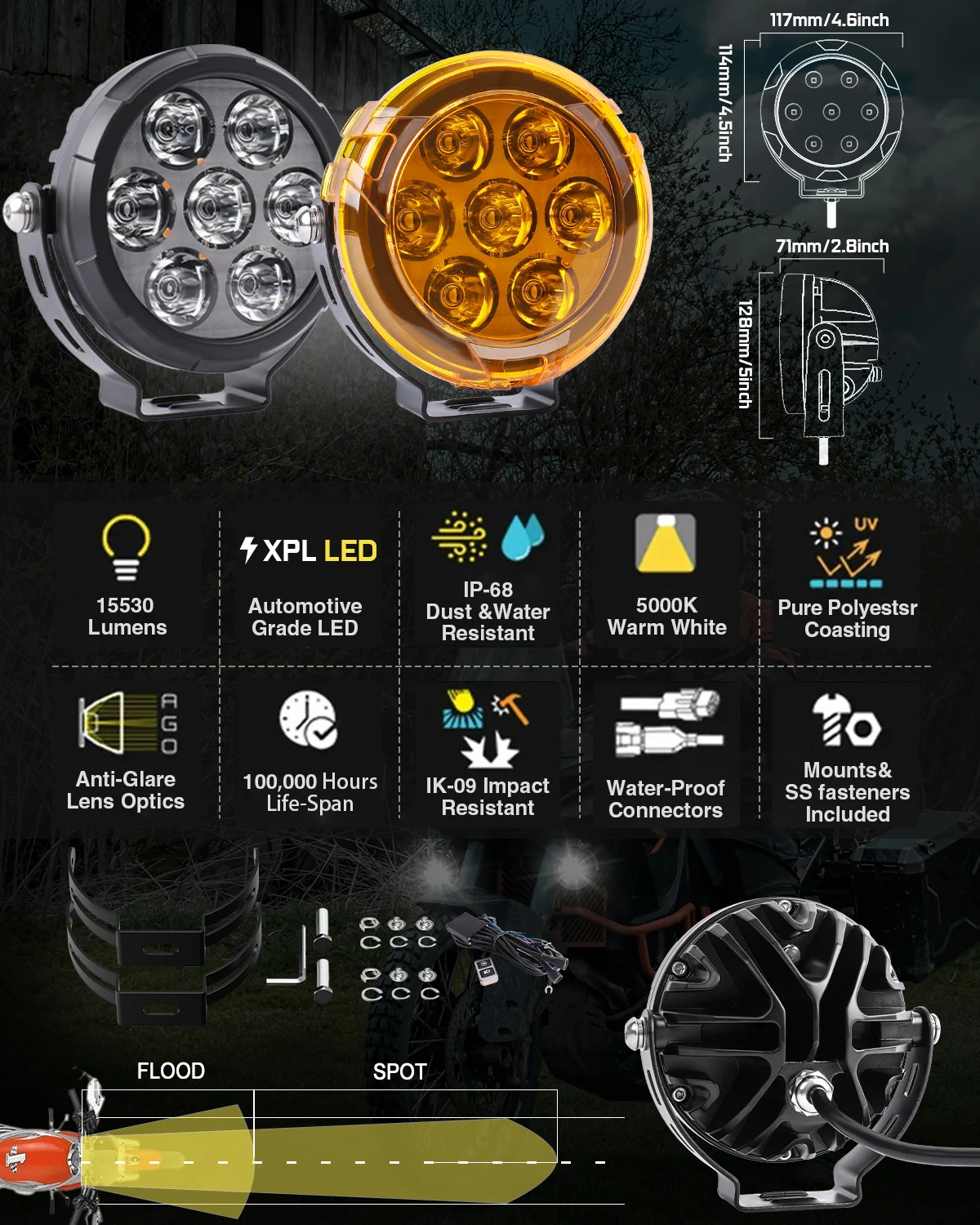 UNI-SHINE 4.5 بوصة دراجة نارية مستديرة LED ضوء العمل الأضواء الضباب مصباح قيادة 6500K 3500K لعربة جولف لاقط رافعة شوكية 12 فولت 24 فولت