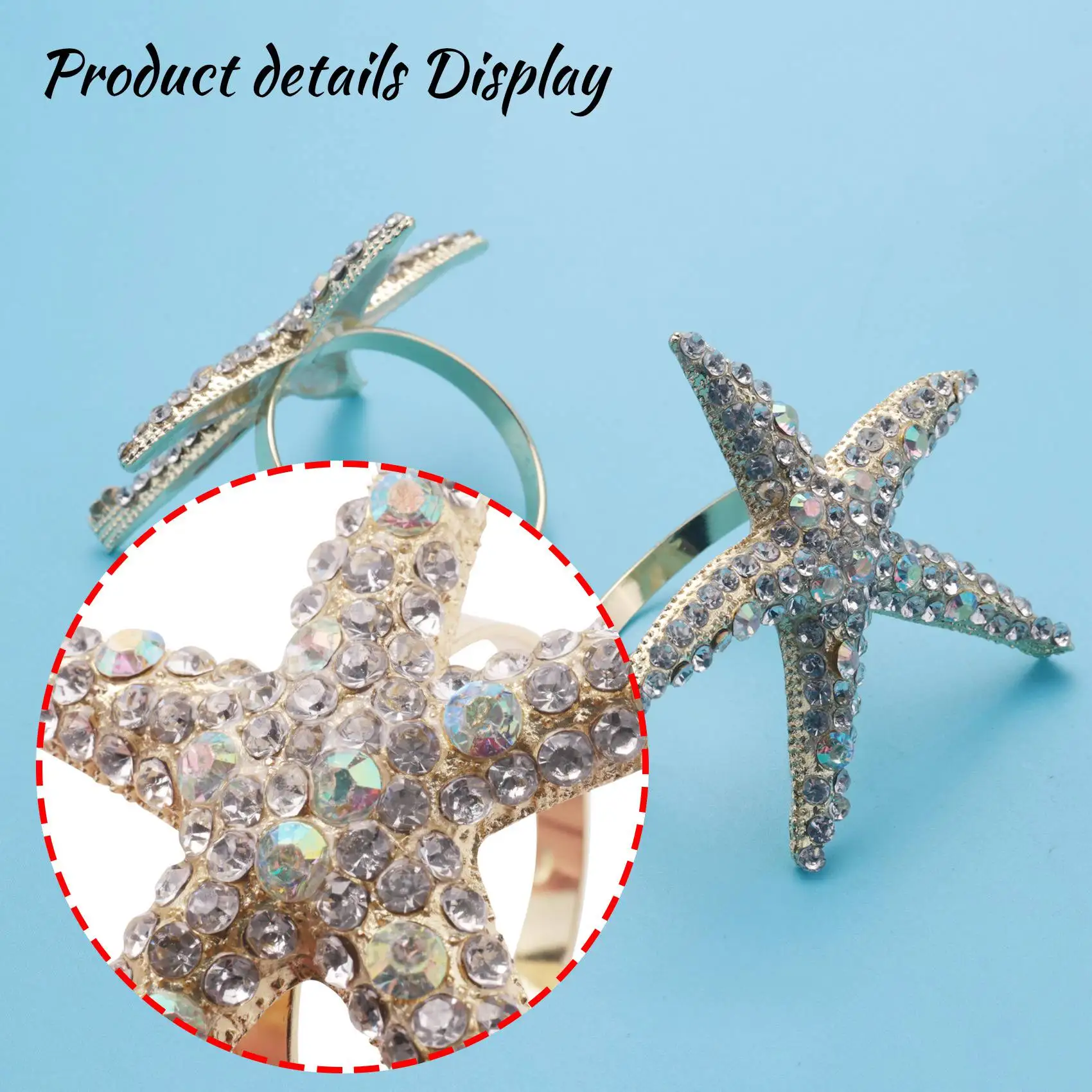 A36T-8 Pack Crystal Starfish Napkin Rings,Rhinestone Napkin Ring Napkin Holders For Wedding Party, Beach Table Decor
