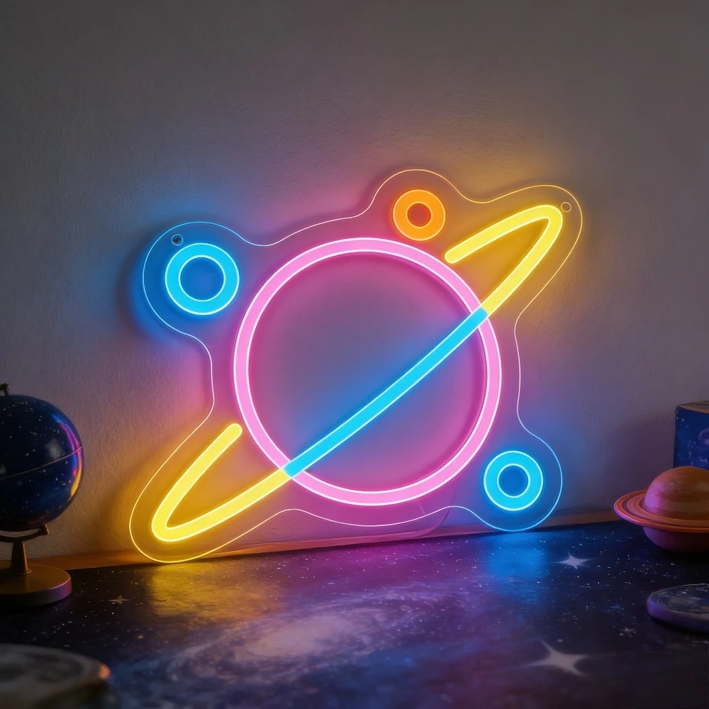 ピンクブルーの惑星とリングのネオンライトサイン、led-usb調光式、宇宙をテーマにした壁飾り、寝室、ゲームルーム、パーティー、子供部屋の装飾に