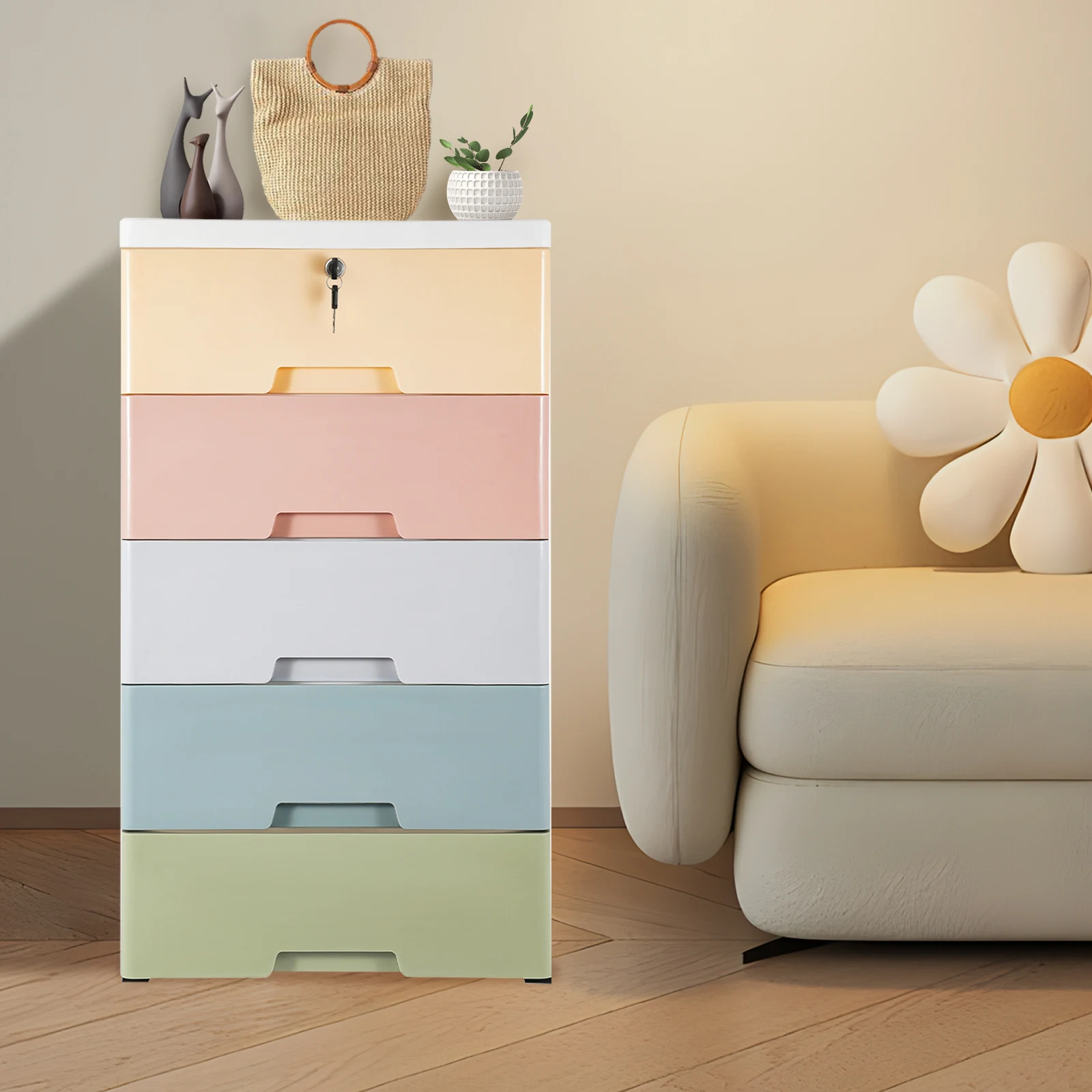 

5-Tier Rolling Storage Cart White Mobile Organizer with Wheels 5-Drawer PP Plastic Cabinet for Home Bedroom