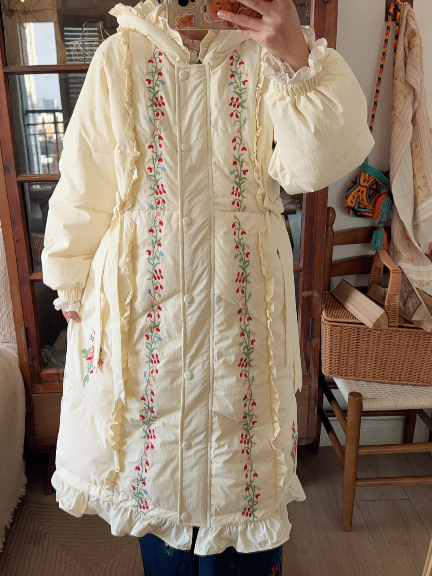 116 سنتيمتر التمثال الشتاء أسفل السترات النساء التصميم الأصلي موري الفتيات الحلو أنيقة مطرزة هوديي طويل الأبيض بطة أسفل المعاطف الدافئة