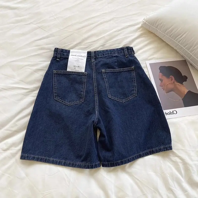 Adjustable five-point denim shorts women's summer new thin high waist retro loose slim casual wide-leg straight pants.